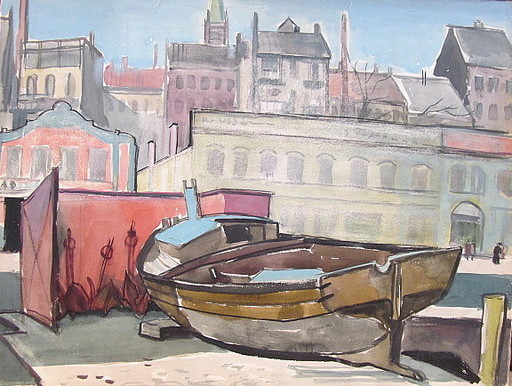 Paul MECHLEN - Drawing-Watercolor - Boot auf Helling vor Stadtsilhouette.