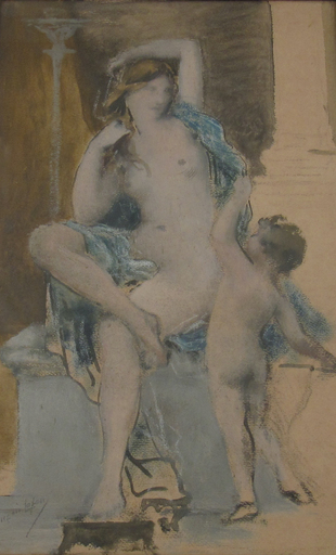 François LAFON - Painting - Draped nude women seated between pillars with child