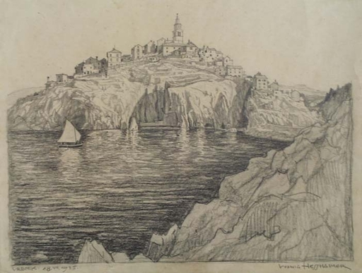Ludwig HESSHAIMER - Zeichnung Aquarell - "View of Vrbnik in Croatia" by Ludwig Hesshaimer 