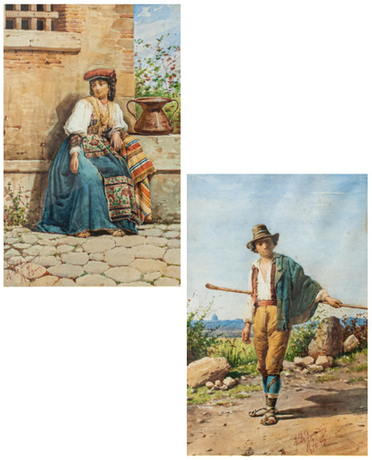 Achille DE DOMINICIS - Painting - Landscapes of Lazio with a couple of commoners