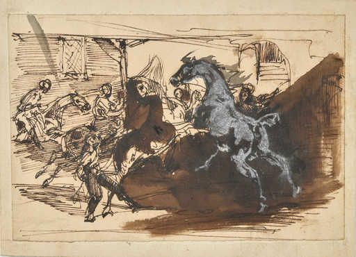 Horace VERNET - Drawing-Watercolor - Course de chevaux libre à Rome