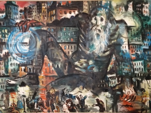Frans MASEREEL - Disegno Acquarello - Le Vieillard au dessus de la ville