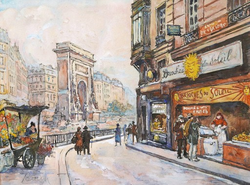 Marcel Julien BARON - Drawing-Watercolor - Vue animée de la Rue de la Lune à Paris 