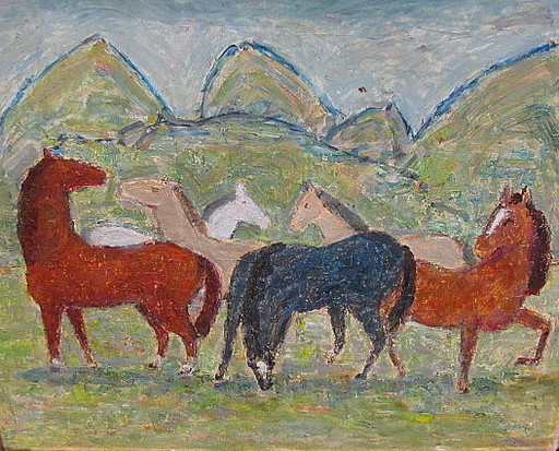 Rolf DIENER - Painting - Wilde Pferde vor Bergen.