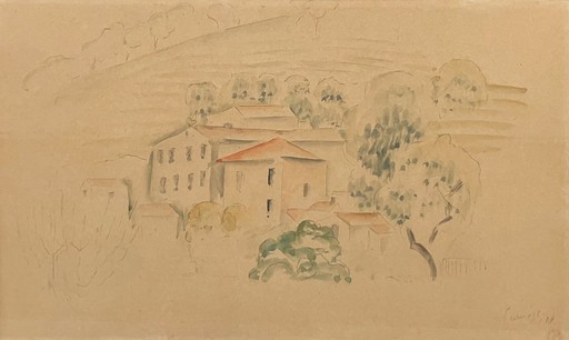 Léopold SURVAGE - Drawing-Watercolor - Paysage aux toits rouges