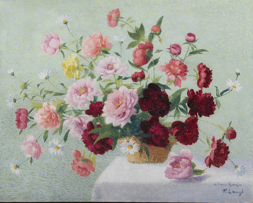 Achille LAUGÉ - Painting - Bouquet de pivoines, roses et marguerites