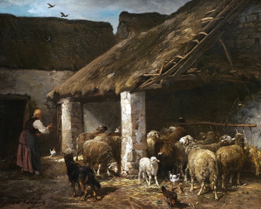 Charles Emile JACQUE - Pittura - Paysanne à la bergerie