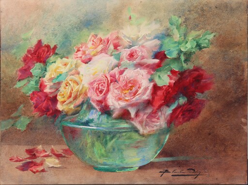Blanche ODIN - Zeichnung Aquarell - "GRAND BOUQUET DE ROSES VARIEES DANS UN VASE EN VERRE"