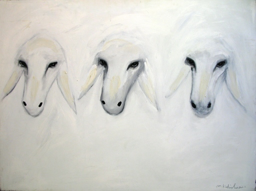 Menashe KADISHMAN - Pintura - Three heads white on white