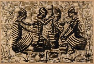 Mwenze KIBWANGA - Drawing-Watercolor - Village scene - Women pounding food