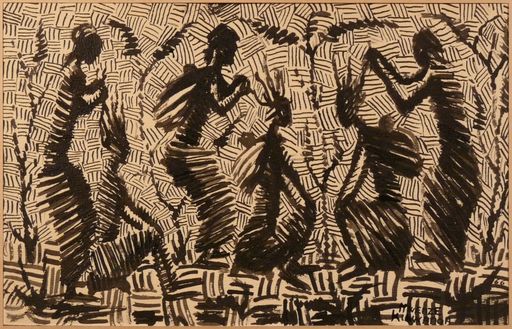 Mwenze KIBWANGA - Zeichnung Aquarell - Village scene - Women performing braids