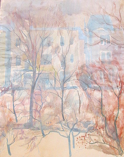 Paul MECHLEN - Drawing-Watercolor - Häuser hinter Bäumen. 