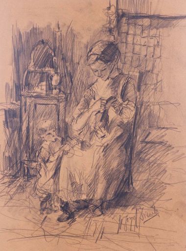 Jozef ISRAELS - Disegno Acquarello - Lady with a Child