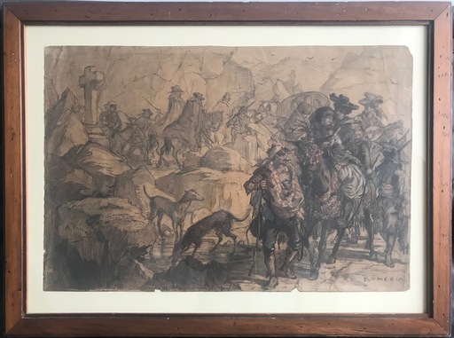Alexandre C.G. PRÉVOST - Drawing-Watercolor - ROMERIA -  Espagne - CAVALIERS – LEVRIERS – CONTREBANDIERS 