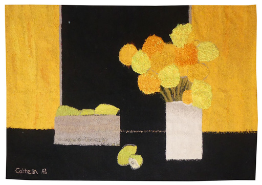 Bernard CATHELIN - Tapestry - Roses d'Inde et citrons à la table noire
