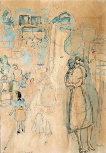 Joseph ZARITSKY - Drawing-Watercolor - Zichron Yaacov, Figuers in the Street, 1940