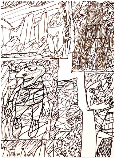 Jean DUBUFFET - Drawing-Watercolor - Paysage avec 2 personnages (30 mai 1980)
