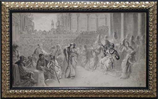 Adalbert Franz SELIGMANN - Dibujo Acuarela - "At the Court of King Solomon", late 19th Century