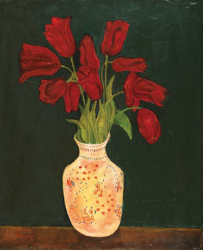 Moshe MOKADY - Painting - Vase with Tulips