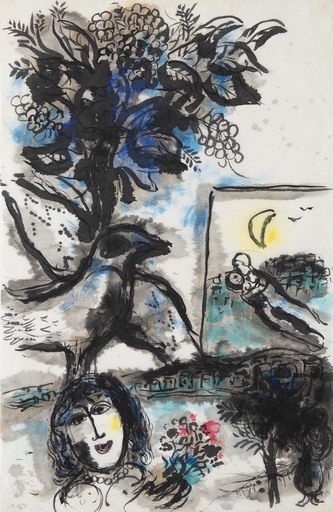Marc CHAGALL - Drawing-Watercolor - L'oiseau à la branche de vignes au-dessus de la baie animée