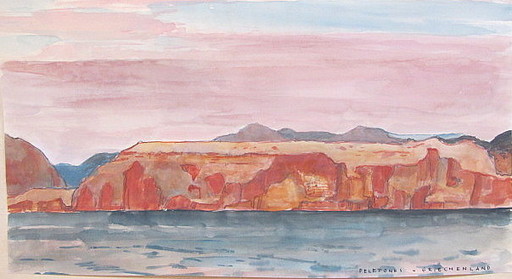 Paul MECHLEN - Dibujo Acuarela - Peloponnes  - Felsküste vom Meer. 