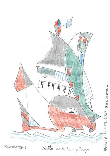 Reine BUD-PRINTEMS - Zeichnung Aquarell - "piano sur la plage...."