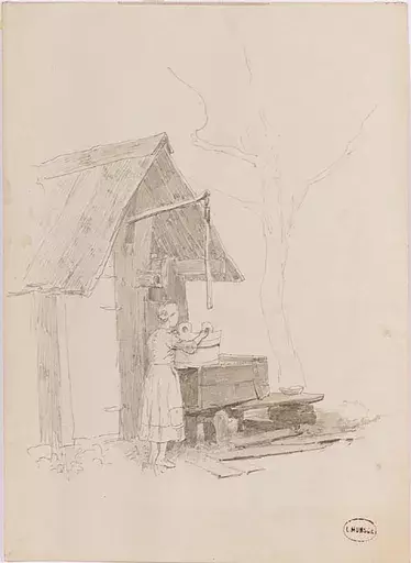 Leopold MUNSCH - Drawing-Watercolor - "At the Well", late 19th Century