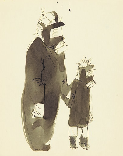 Siegfried CHAROUX - Dibujo Acuarela - Man and child with gas masks