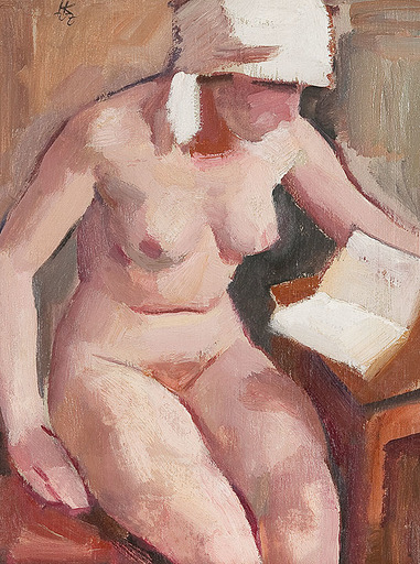 Karl HAUK - Pittura - Female nude with headscarf