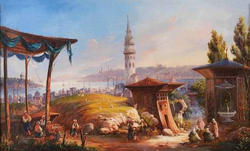 Pasquale MATTEI - Painting - Veduta di Istanbul con la torre del fuoco di Beyazit