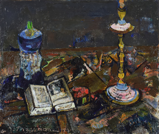 Joseph PRESSMANE - Gemälde - Still life (candle stick, open book)