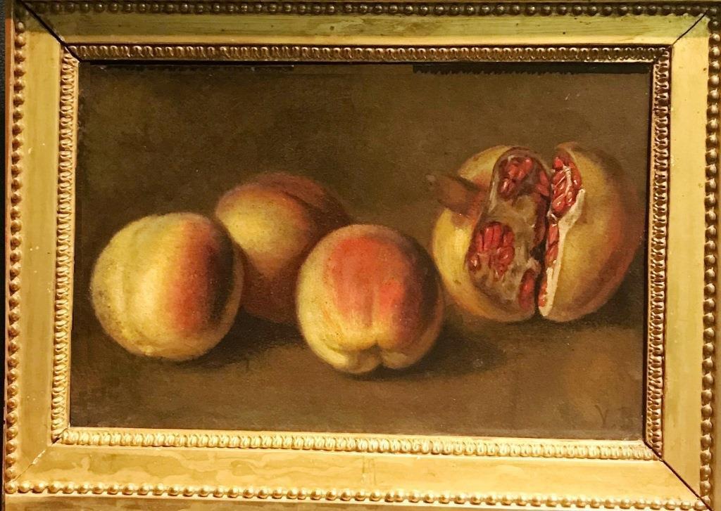Still life with two peaches and eggplant