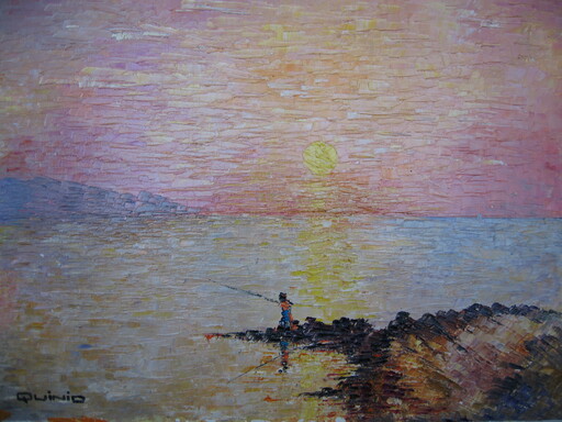 Georges R. QUINIO - Pintura - Pêcheur au Lever du Soleil 