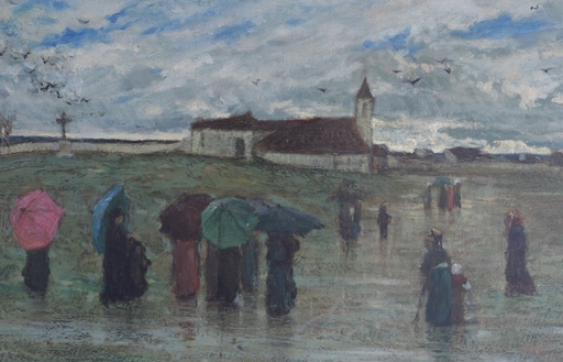 Armand CHARNAY - Pintura - Churchgoers on a rainy day