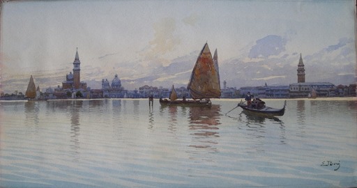 Emilio BONI - Drawing-Watercolor - San Giorgio di Maggiore from the Lagoon, Venice 