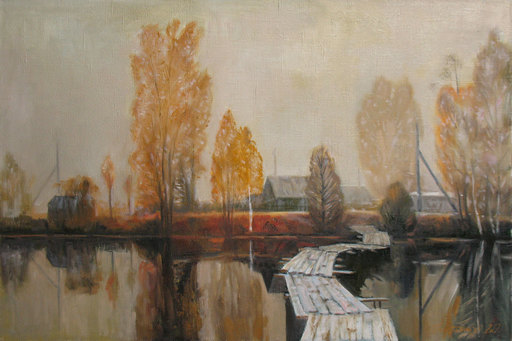 Alexander BEZRODNYKH - Painting - morning..autumn.bridge 