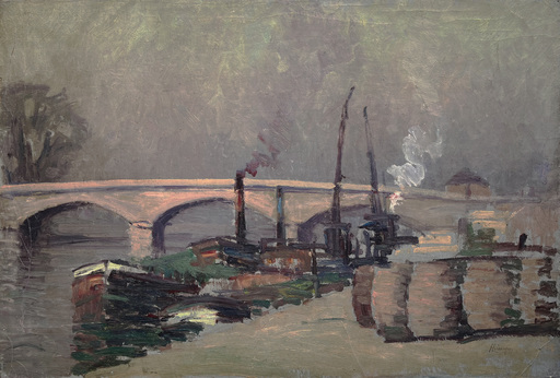 Narcisse HÉNOCQUE - Peinture - Péniches à quai devant le pont Corneille à Rouen