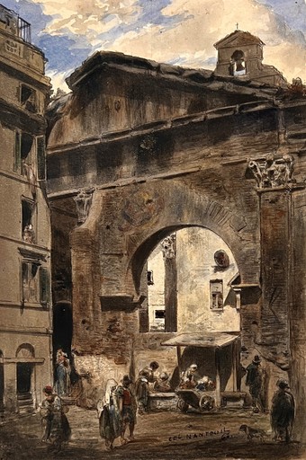 Célestin François NANTEUIL - Disegno Acquarello - Scorcio di paesaggio, 1866