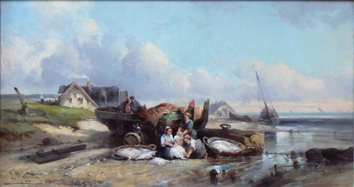 Jean MAZELLA - Painting - Dépeçage des raies sur la côte normande