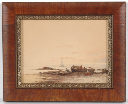 Félix ZIEM - 水彩作品 - "Fishermen at the beach" watercolor, 19th Century
