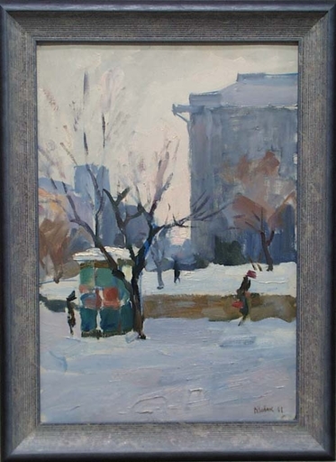 Vladimir NOVAK - Peinture - "Winter in Town" by Vladimir Novak, Oil Painting, 1961
