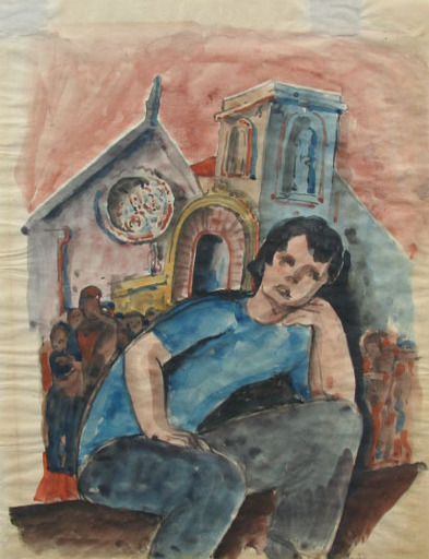 Béla KADAR - Disegno Acquarello - Boy Sitting in the Crowd
