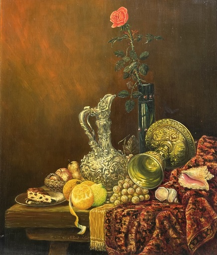 Albert PILOT - Pittura - Nature morte au pichet et à la rose 