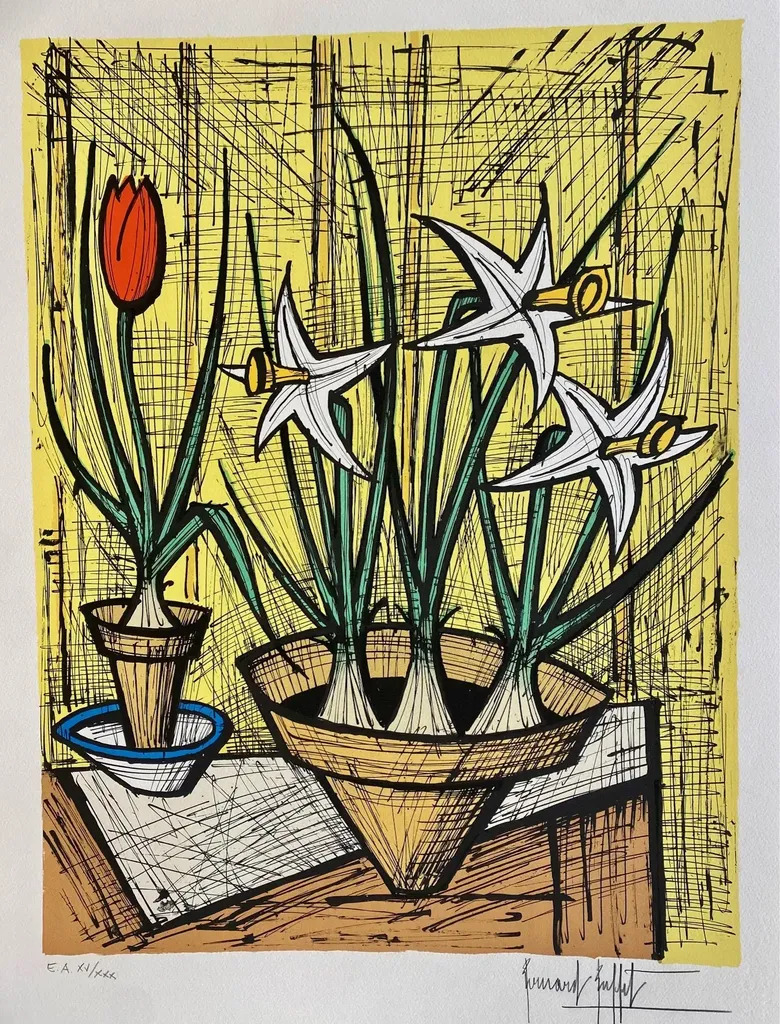 Jonquilles et tulipe sur fond jaune by | Bernard BUFFET | buy art