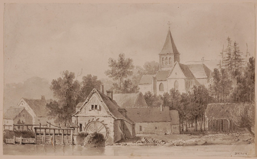 Laurent DEROY - Dibujo Acuarela - Village View, 1820s
