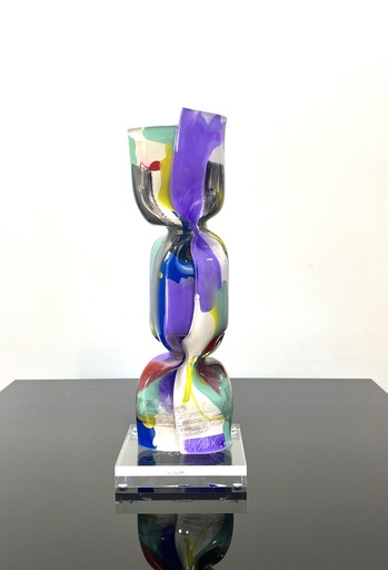 Laurence JENKELL - Skulptur Volumen - Wrapping Bonbon Transparent Peint Mauve Vert Jaune Bleu