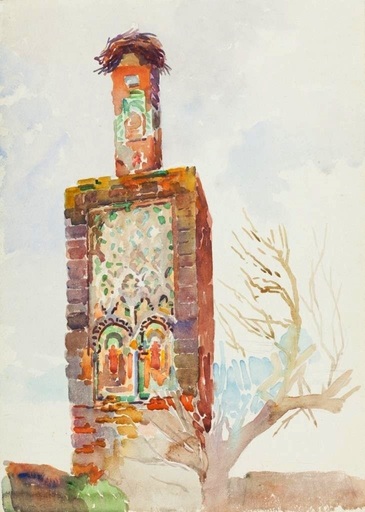 B. CONDE DE SATRINO - Drawing-Watercolor - Morocco – Minaret of Chellah in Rabat