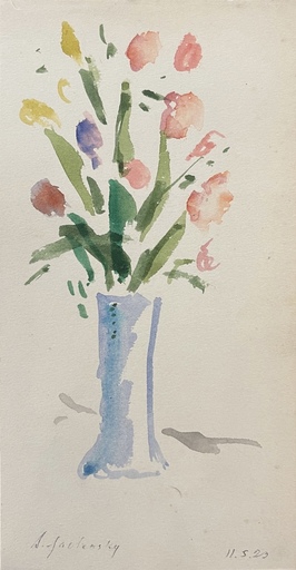 Alexej VON JAWLENSKY - Dibujo Acuarela - Blaue vase mit rosa, gelben und einer dunkelblauen Blume