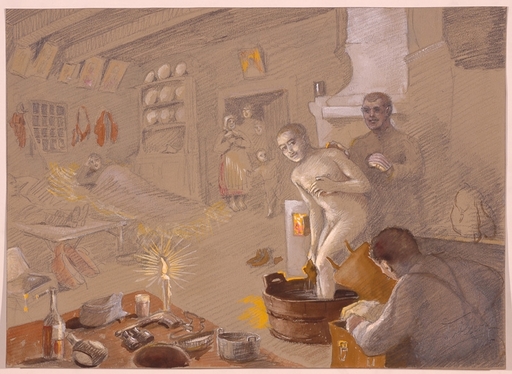 Robert Heinrich VON DOBLHOFF - Drawing-Watercolor - "Bath Day/WWI", 1915, Drawing
