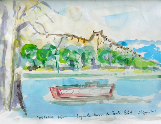 Jean-Pierre CHEVASSUS-AGNES - Zeichnung Aquarell - le Rhône à Bourg les Valence Drôme